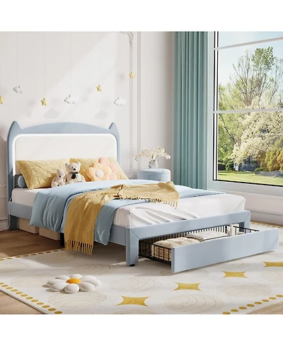 homfan Kids Bed Frame with Cat Headboard, Upholstered Princess Sturdy Wood Slats Support
