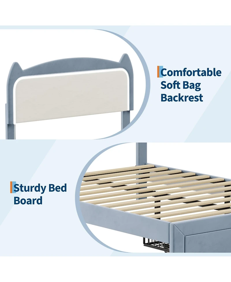 homfan Kids Bed Frame with Cat Headboard, Upholstered Princess Sturdy Wood Slats Support