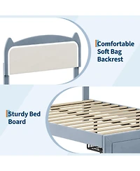 homfan Kids Bed Frame with Cat Headboard, Upholstered Princess Sturdy Wood Slats Support
