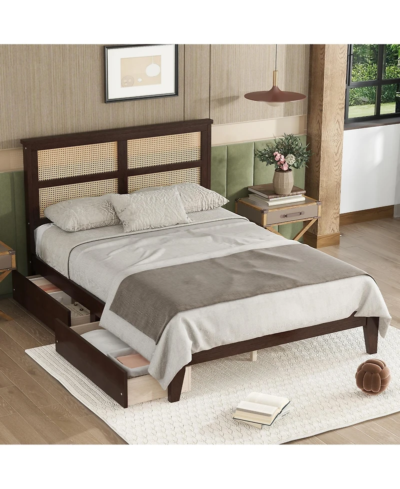 Sailvan Bed with Rattan Headboard, 2 Drawers, Rubber Wood Support Slats and Feet