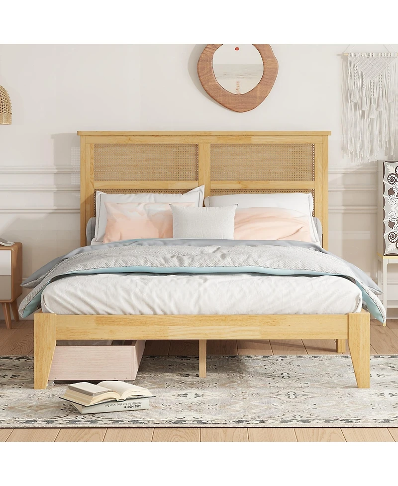 Sailvan Bed with Rattan Headboard, 2 Drawers, Rubber Wood Support Slats and Feet