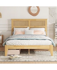 Sailvan Bed with Rattan Headboard, 2 Drawers, Rubber Wood Support Slats and Feet