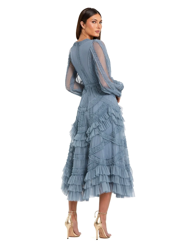 Mac Duggal Petite Long Sleeve V Neck Mesh Micro Ruffle Midi Dress