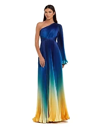 Mac Duggal Petite Pleated Charmeuse One-Shoulder Ombre Gown with Flared Sleeve