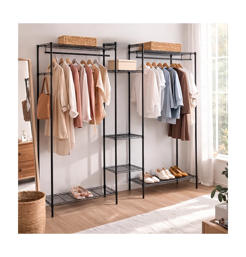 Gouun Convertible L-Shape and Horizontal Clothes Organizer with 7 Shelves and 4 Hanging Rods