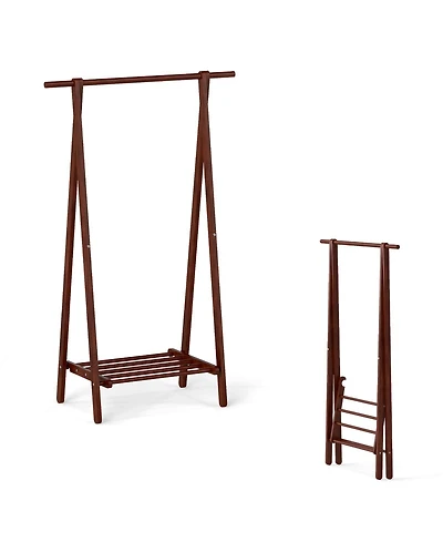 Gouun Folding Rubber Wood Garment Rack with Bottom Storage Shelf