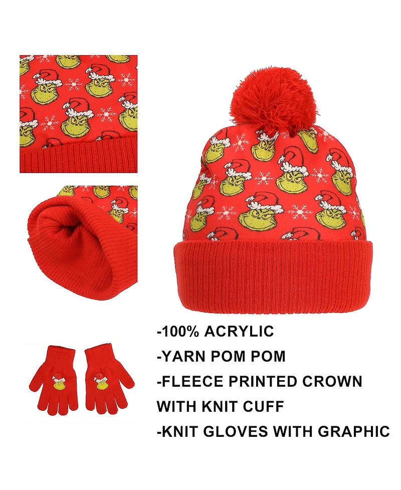 The Grinch Boys All-Over Character Print Youth 2-Piece Knit Beanie and Gloves Set