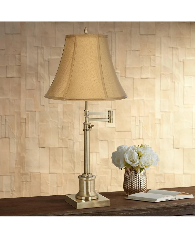 360 Lighting Traditional Swing Arm Desk Table Lamp Adjustable Height 36" Tall Antique Brass Bell Shade for Living Room Bedroom