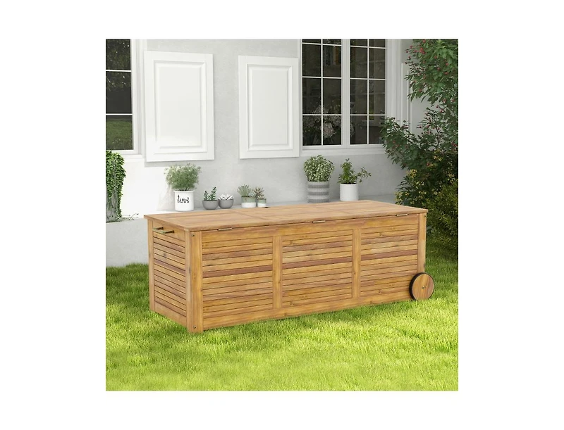 sumyeg Rolling Patio Wooden Deck Box with 2 Wheels and Side Handle for Outdoor
