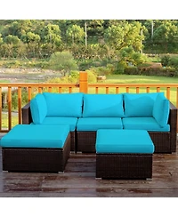 Gouun 5 Piece Outdoor Wicker Sectional Conversation Set with Convertible Ottoman, 4 in Cushions