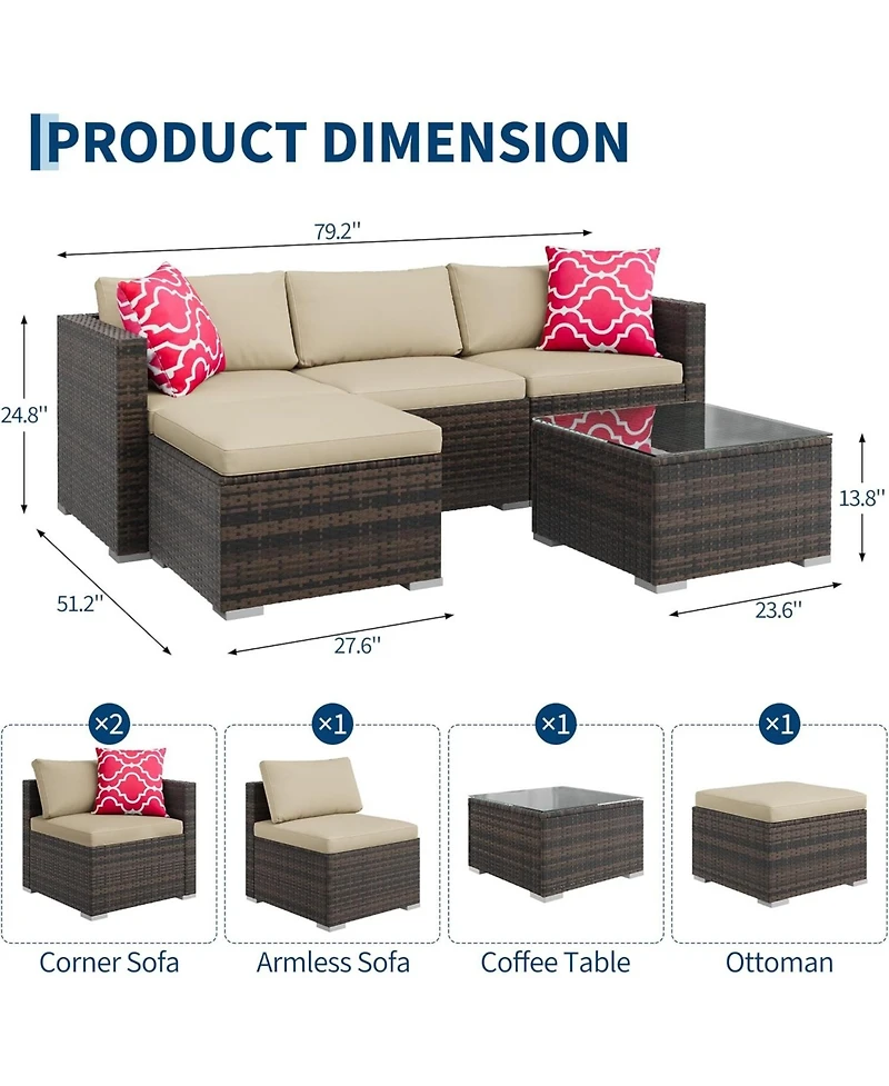 GarveeLife 5 Piece Outdoor Convertible Sectional Set with Ottoman and Tempered Glass Table, Pe Rattan Conversation Seating