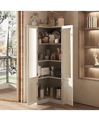 Homsee Modern 4-Door Storage Cabinet with Frosted Glass - Wooden Organizer with Gold Handles | 31.5 Inch Wood Grain Shelf for Living Room or Hallway