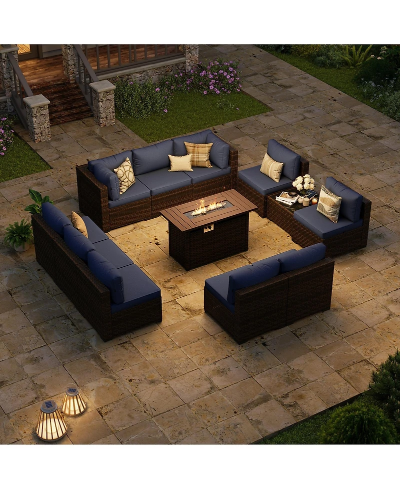 Aoxun 12-Piece Outdoor Brown Wicker Patio Conversation Set with 44" Propane Fire Pit Table and NavyBlue Cushions