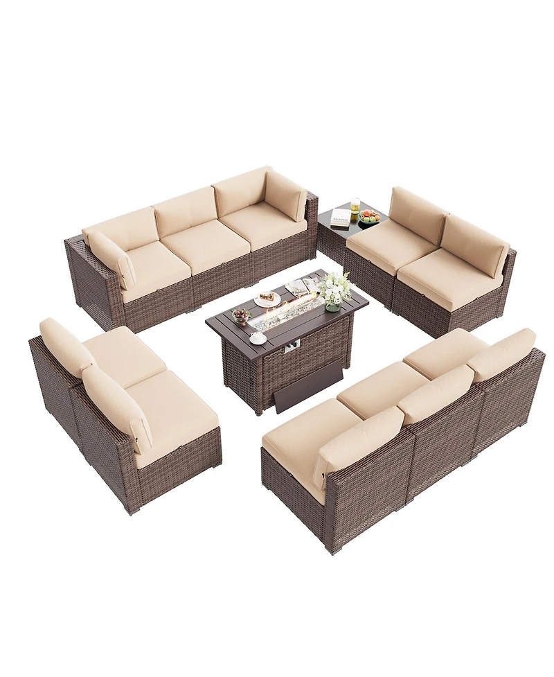 Aoxun 12-Piece Outdoor Brown Wicker Patio Conversation Set with 44" Propane Fire Pit Table and Beige Cushions
