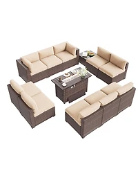 Aoxun 12-Piece Outdoor Brown Wicker Patio Conversation Set with 44" Propane Fire Pit Table and Beige Cushions