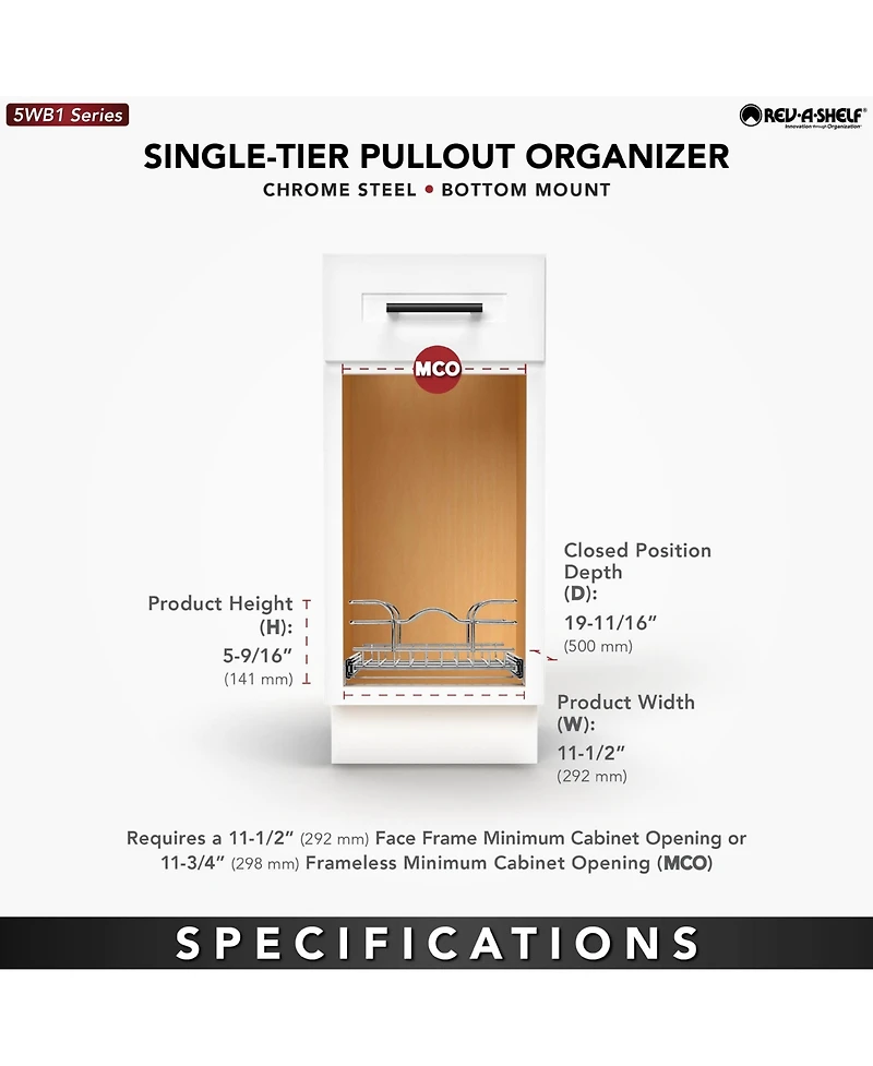 Rev-a-Shelf Kitchen Cabinet Pullout Shelf Organizer, 12 x 20 In, 5WB1-1220CR-1