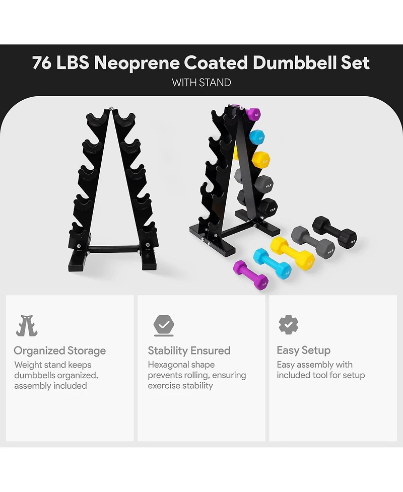 BalanceFrom Fitness 3, 5, 8, 10 & 12 Pound Neoprene Dumbbell Weight Set w/ Stand