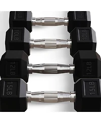 BalanceFrom Fitness Signature Steel Rubber Encased Hex Textured Dumbbell Workout Set with Rack & 5 Pairs of 5, 8, 10, 12, and 15 Pound Weights, Black