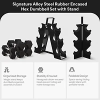 BalanceFrom Fitness Signature Alloy Steel Rubber Encased Hex Textured Dumbbell Workout Set w/Rack and 3 Pairs of 5, 10, and 15 Pound Weights, Black