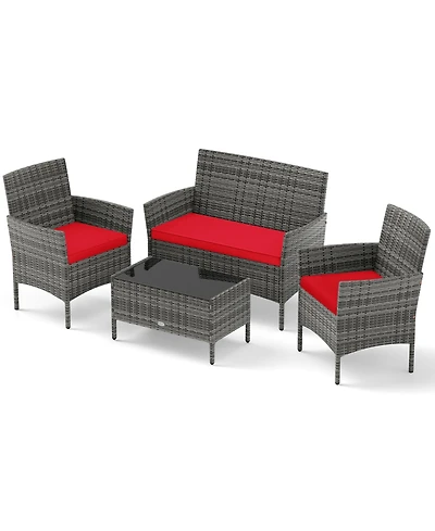 Gouun 4-Piece Patio Rattan Conversation Set with Loveseat, Chairs, and Glass Table