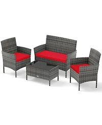 Gouun 4-Piece Patio Rattan Conversation Set with Loveseat, Chairs, and Glass Table