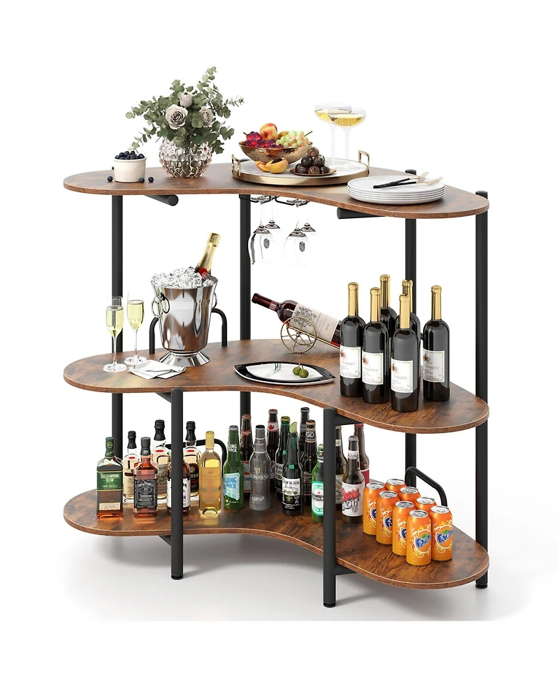Gouun 3-Tier Liquor Bar Table with Stemware Rack and Storage Shelves