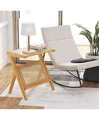 Gouun Boho Bamboo End Table with Tempered Glass Top and Magazine Rack, 22 in