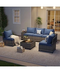 Aoxun 6-Piece Wicker Outdoor Sectional Sofa Set with Cushions and Glass-Top Coffee Table