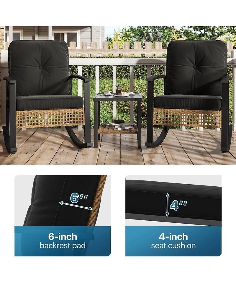 Aoxun Indoor Outdoor Rocking Chair 3 Piece Set Metal Frame Patio Furniture with Wicker Accent and Side Table.