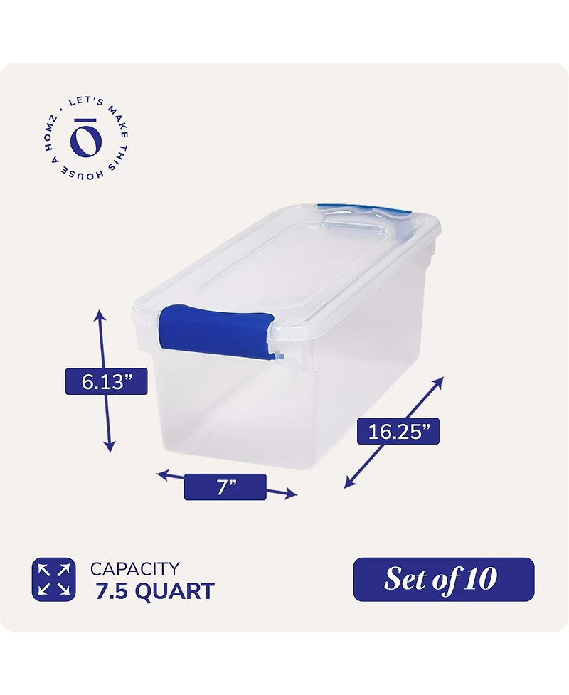 Homz 7.5 Quart Secure Latching Clear Plastic Stackable Storage Container,10 Pack
