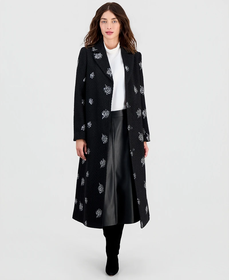 CeCe Women's Single-Breasted Sparkle Boucle Maxi Coat