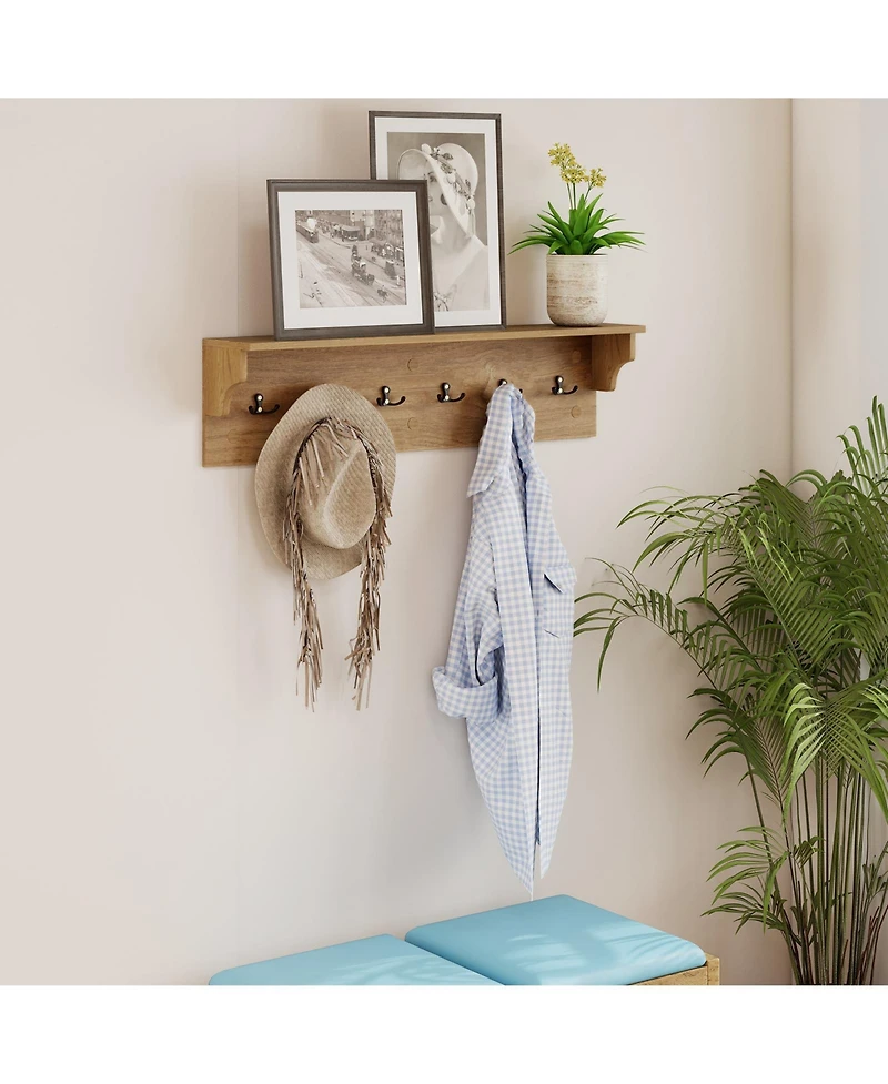 Gouun Wall-Mounted Wooden Coat Rack with Shelf and 6 Hooks, 31.5 in