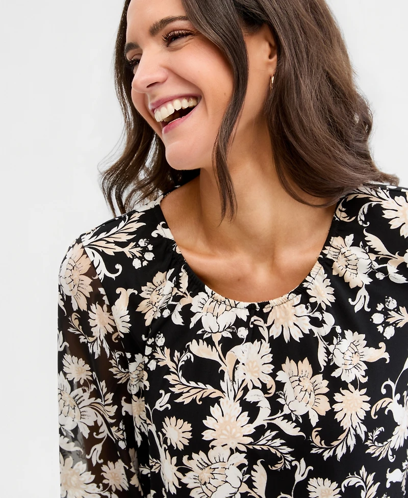Jm Collection Women's Printed Chiffon-Sleeve Gathered-Neck Top, Macy's Exclusive