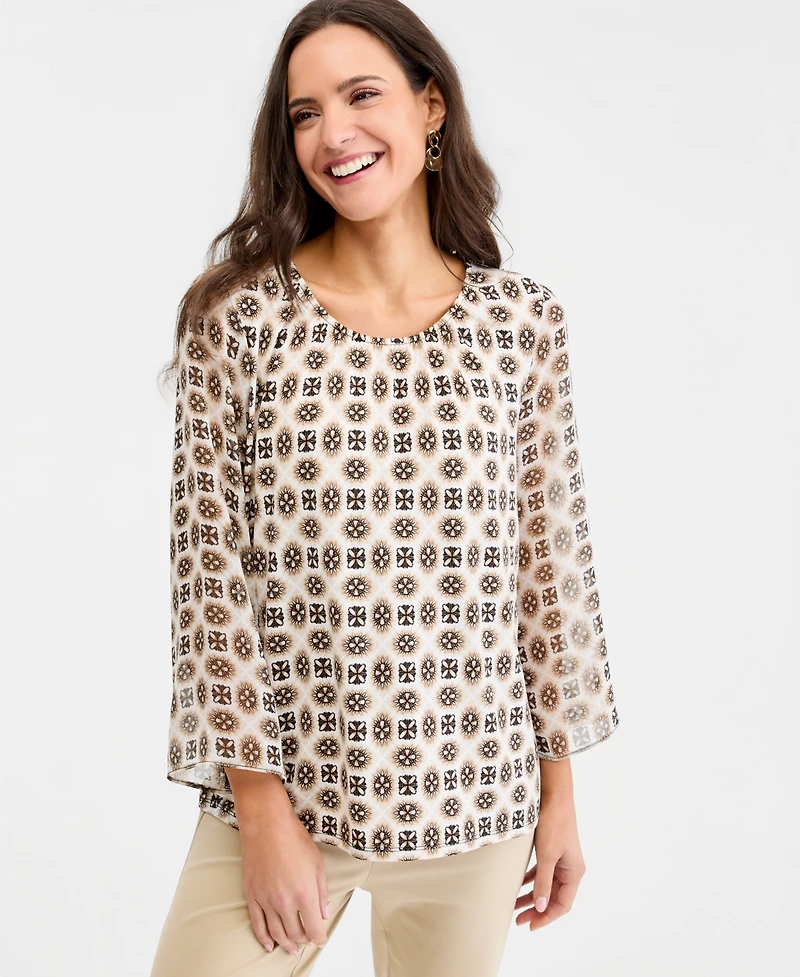 Jm Collection Women's Printed Chiffon-Sleeve Gathered-Neck Top, Macy's Exclusive