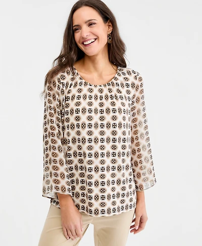 Jm Collection Women's Printed Chiffon-Sleeve Gathered-Neck Top, Macy's Exclusive