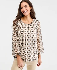 Jm Collection Women's Printed Chiffon-Sleeve Gathered-Neck Top, Macy's Exclusive