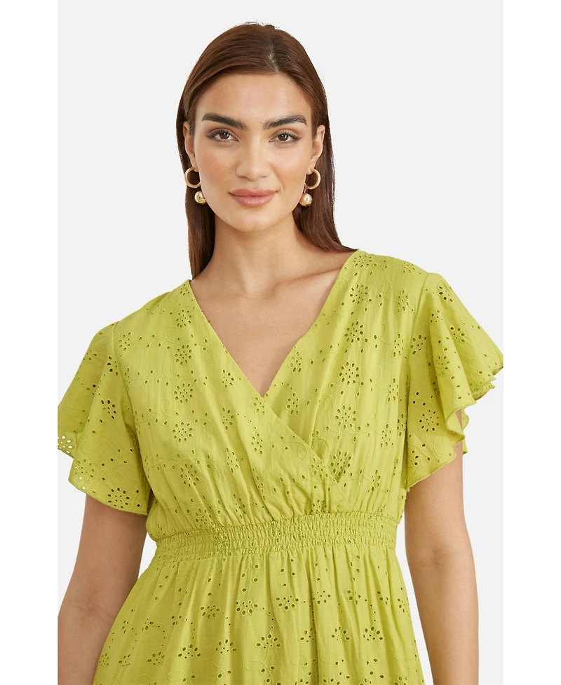 Yumi Women's Cotton Broderie Anglaise Wrap Midi Dress