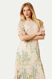 Oasis Women's Floral Lace Bodice Pleated Midi Dress