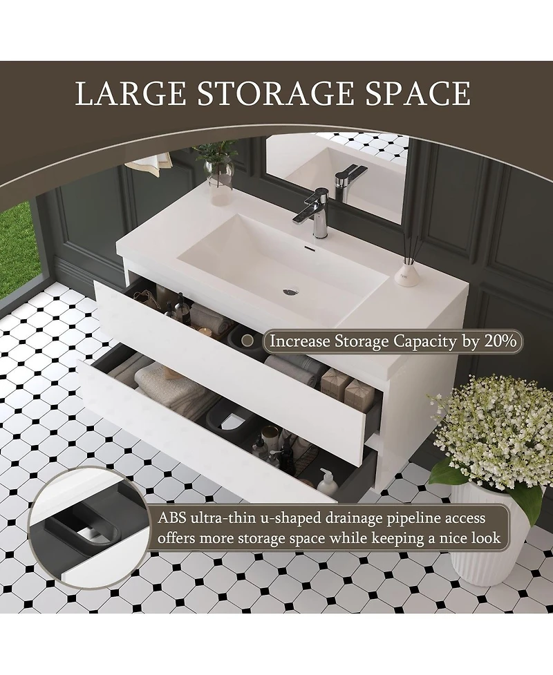 Sillysis Inch Glossy Wall Mounted Bathroom Vanity with Resin Sink and Soft Close Drawers