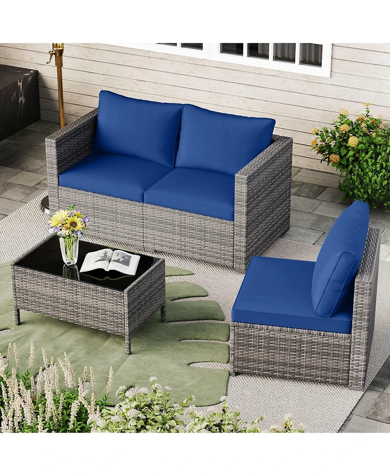 Gymax Set of 3 Patio Sectional Sofa Pe Rattan Modular Couch Furniture w/Cushions