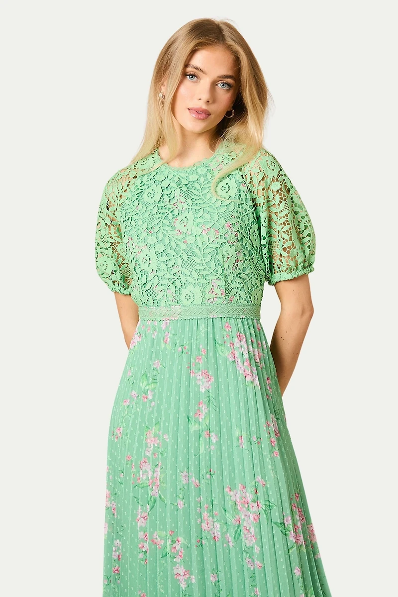 Oasis Women's Floral Lace Bodice Pleated Midi Dress