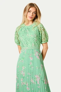 Oasis Women's Floral Lace Bodice Pleated Midi Dress