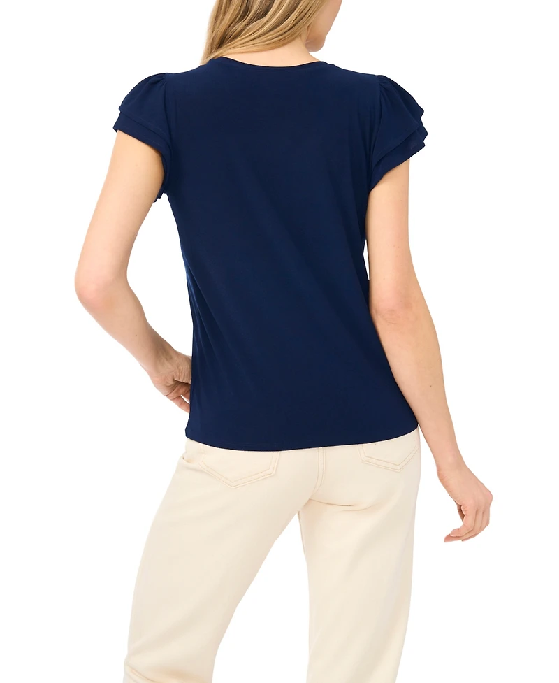 CeCe Women's Double Ruffle-Sleeve Crewneck Top