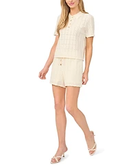 CeCe Women's Pointelle Short-Sleeve Collared Sweater