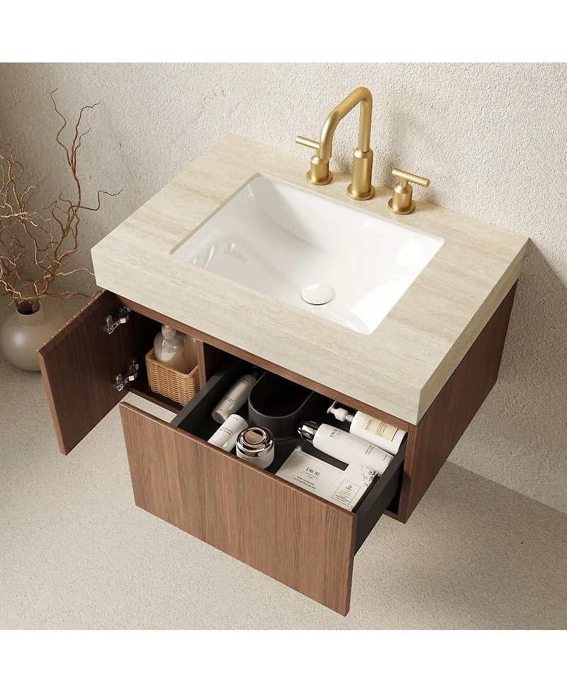 Sillysis Inch Floating Bathroom Vanity with Sintered Stone Top, 3-Hole Undermount Ceramic Sink, Soft Close Storage