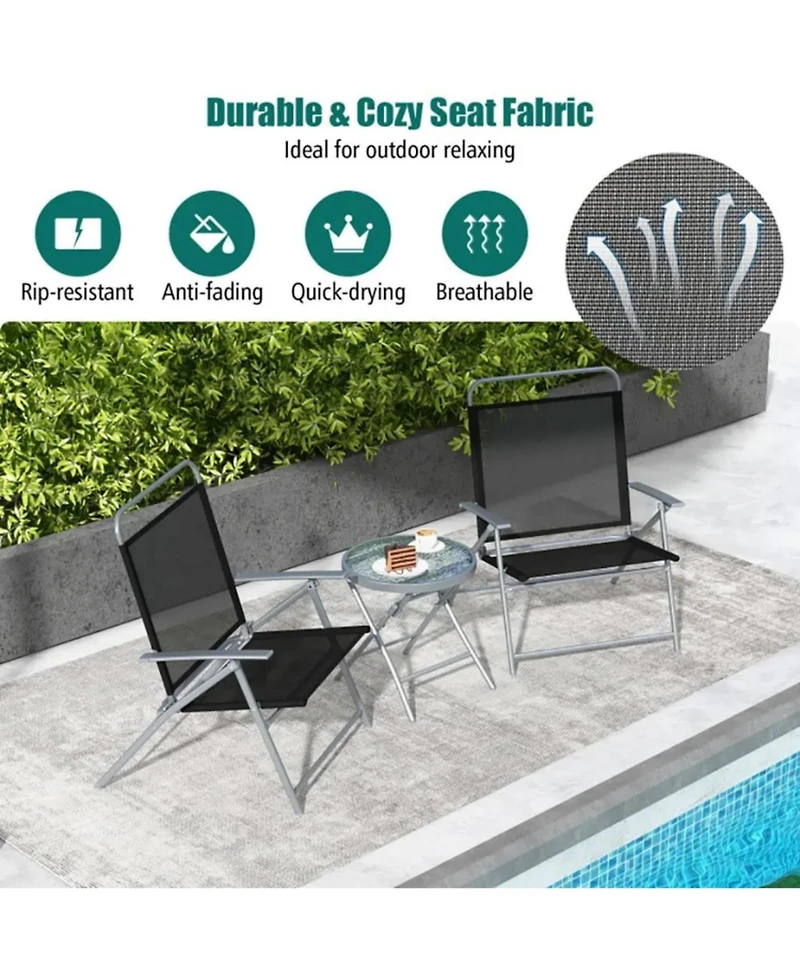 Yiortwo 3 Piece Folding Patio Furniture Set Metal Chairs with Glass Table