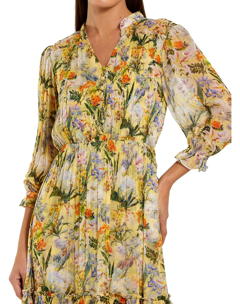Mac Duggal Women's Floral V-Neck Ruffle Tiered Midi Dress with 3/4 Sleeves