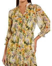 Mac Duggal Women's Floral V-Neck Ruffle Tiered Midi Dress with 3/4 Sleeves