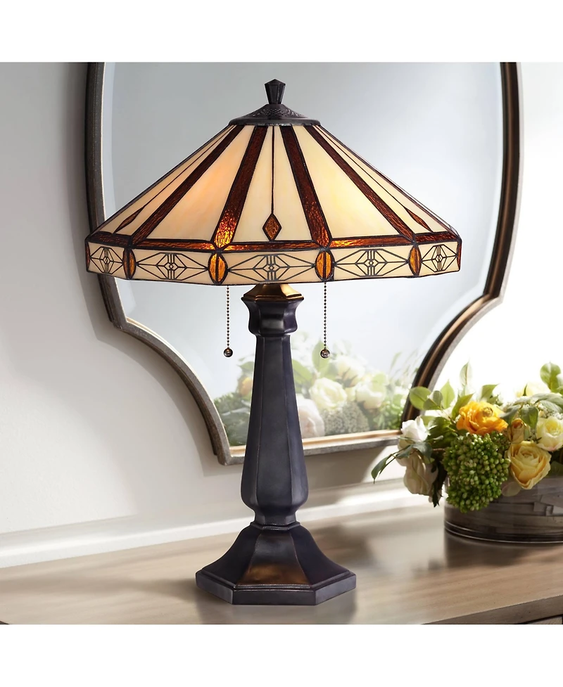 Robert Louis Tiffany Derrica 25" High Traditional Table Lamps Set of 2 Pull Chain Finish Art Glass Shade Living Room