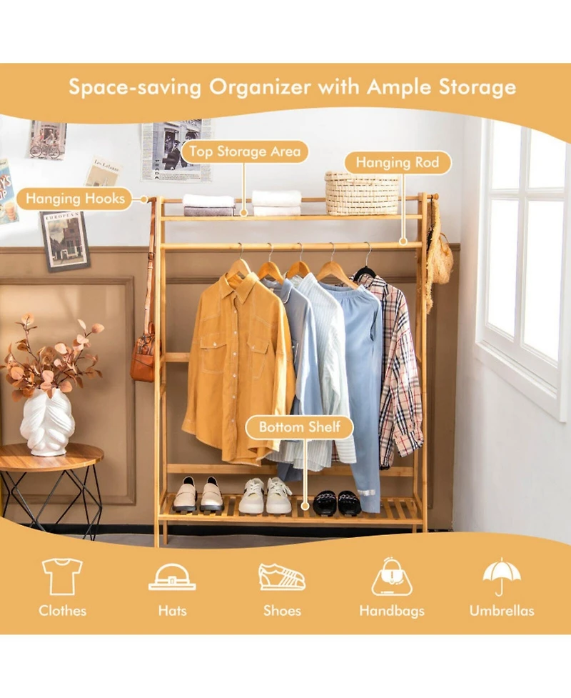 Gouun Bamboo Clothing Rack with 2-Tier Storage Shelves and Side Hooks